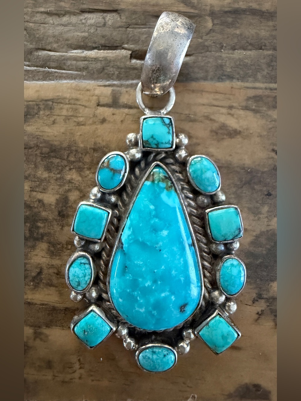 Vintage Native Navajo Sterling Silver Turquoise Cluster Pendant Signed NM